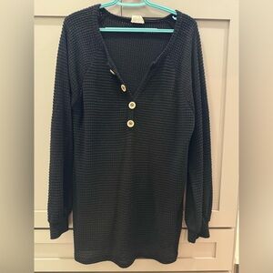 Black Waffle Knit Long Sleeve Top